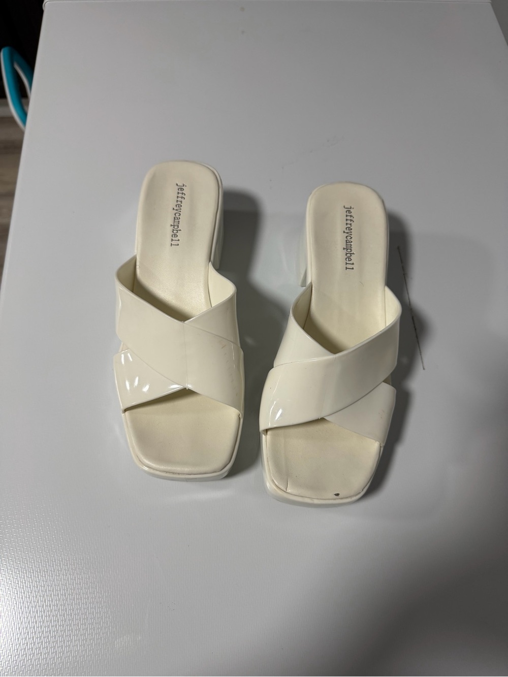 Jeffrey Campbell Cream Patent Crisscross Slide Mules